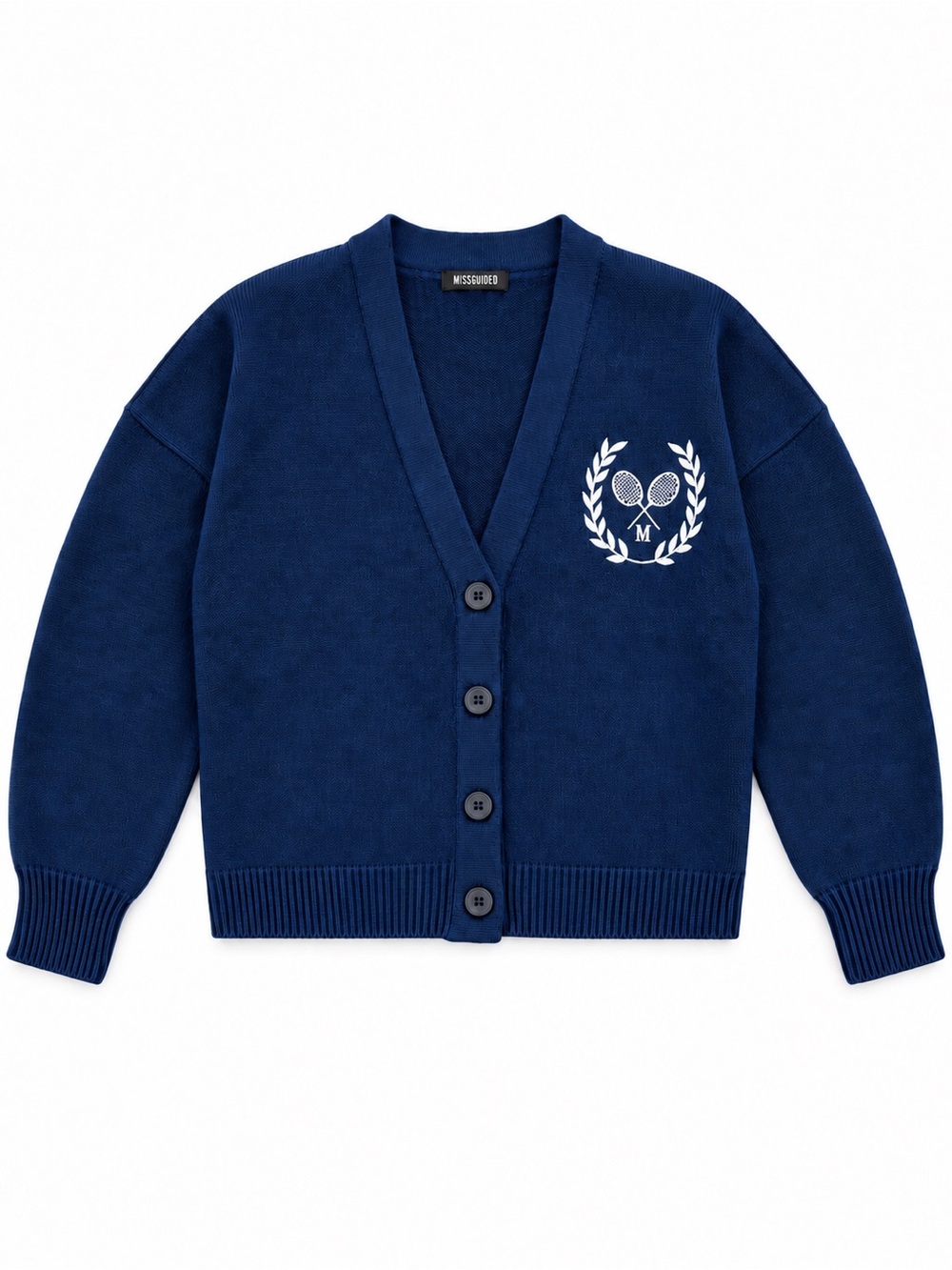 MISSGUIDED TENNISCORE CROPPED CARDIGAN WOMENS US 2/4 BLUE EMBROIDERED CREST
